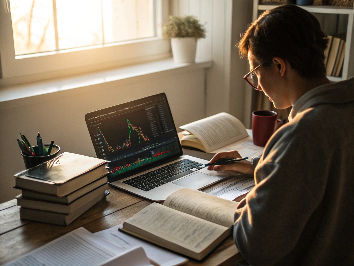 Student analyzing swing trading patterns on a laptop